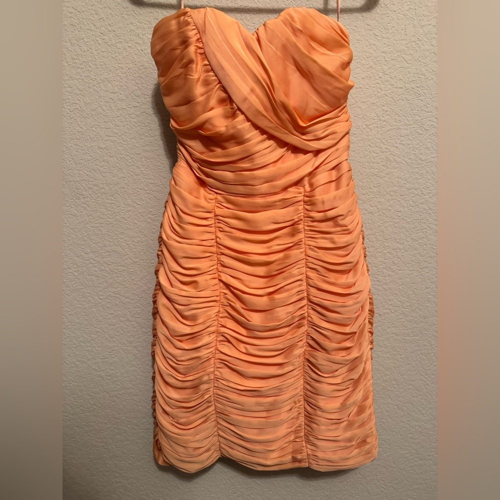 Ruched Coral Strapless Mini Dress | Bodycon Party Dress - Picture 2 of 9